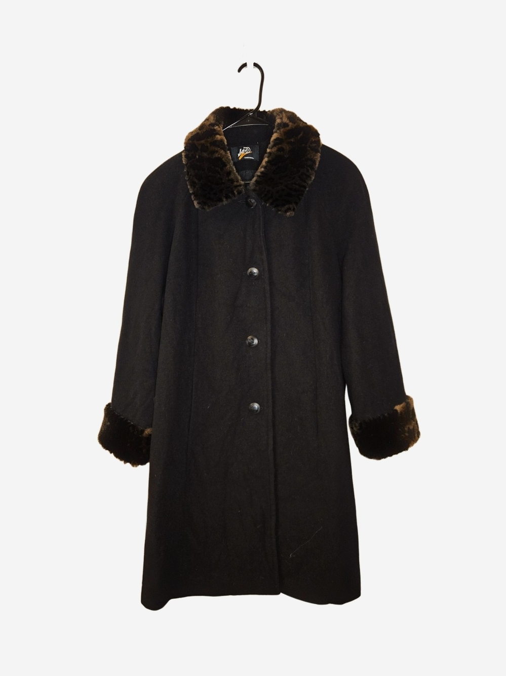 Vintage 90s Classic Black Overcoat with Faux Fur Trim !